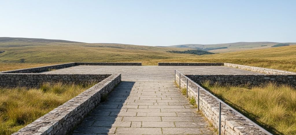 A level flagstone terrace with low dry stone walls and a metal handrail, looking out over rolling golden moorland