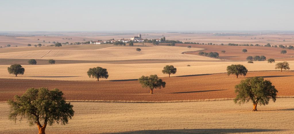 Wide farmland of pale gold stubble and red tilled earth, scattered round-crowned trees, a small white hilltop village on the horizon
