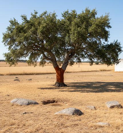 A lone cork oak in bleached dry pasture, lower trunk stripped to a red band, pale boulders and flat stubble fields beyond