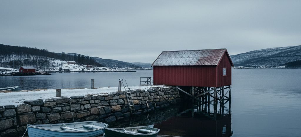 A light blue and a dark green rowing boat at the foot of a dry stone quay, and a red boathouse on wooden piles out over grey water