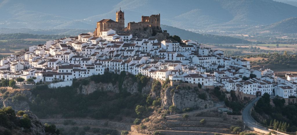 A white hill town stacked along a rocky spur under a ruined stone fortress and church tower, pale cliffs below and hazy ridges behind