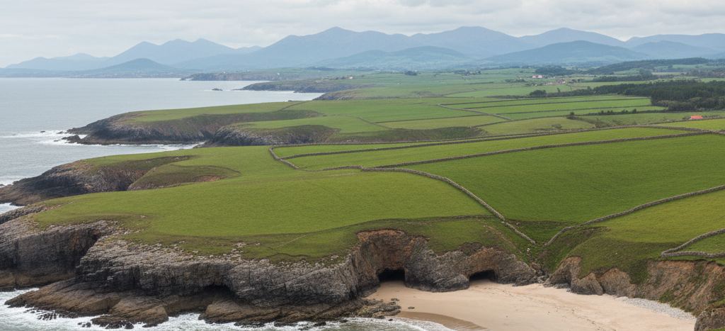 Green pastures split by low stone walls ending at pale cliffs above an empty sand cove with two sea caves, hazy mountains behind
