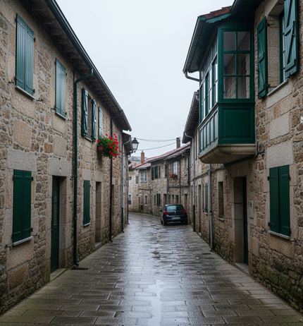 A narrow village lane of grey stone houses with green shutters and a glazed green gallery, wet paving slabs and a dark parked car