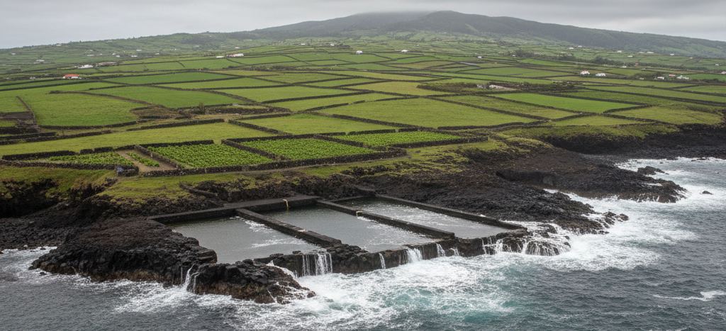 Three walled seawater pools cut into black lava rock, surf spilling over their edges, green stone-walled pasture rising to a misty hill
