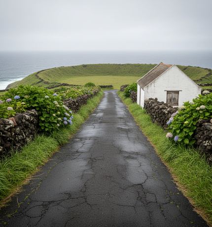 A narrow wet lane between dark stone walls and hydrangeas, a small whitewashed house at right, grey sea beyond