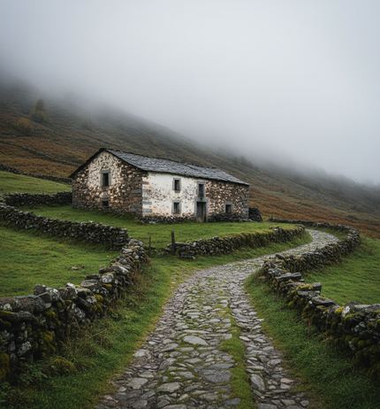Stone farmhouse with a dark slate roof on a hillside terrace, a cobbled track curving up between drystone walls into low fog