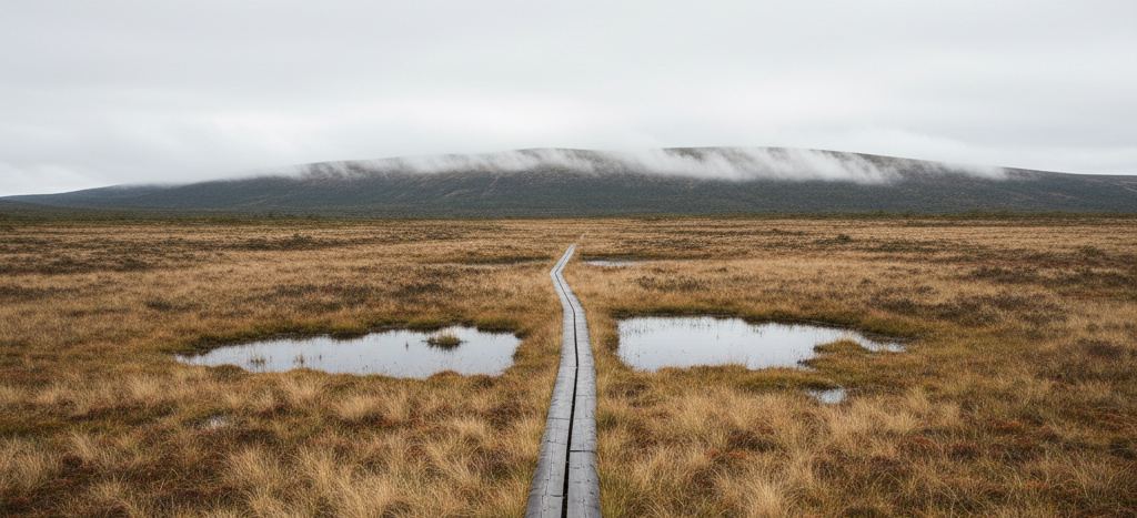 Narrow plank boardwalk crossing a straw and rust peat bog past two dark pools, a long low ridge capped with cloud behind