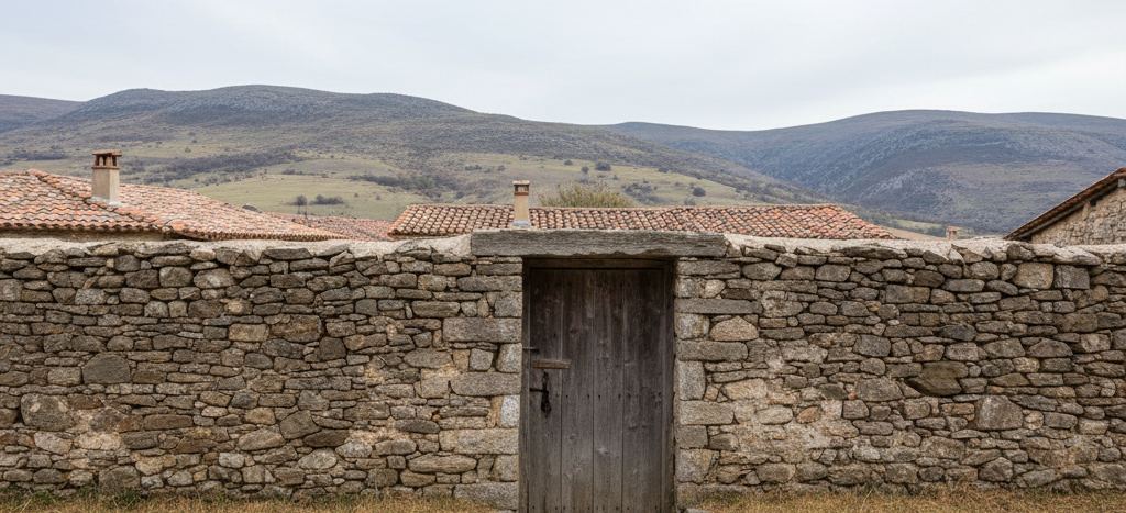 Weathered plank door under a heavy stone lintel in a long dry stone wall, tiled village roofs and hills behind