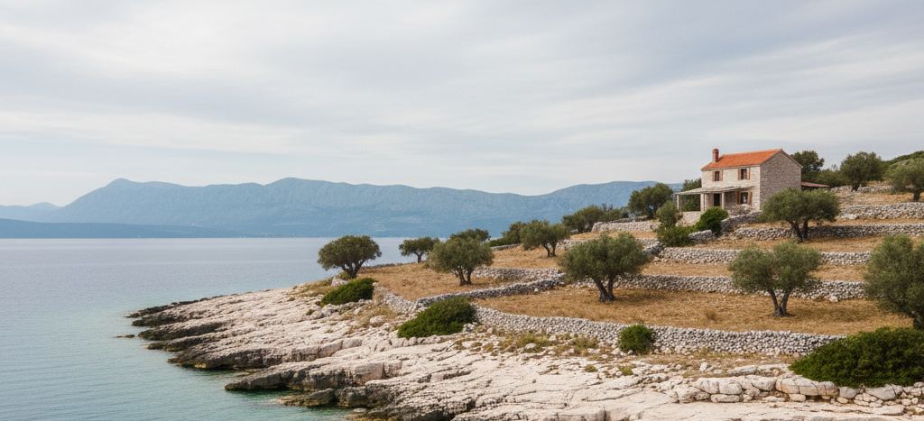Pale limestone shore and turquoise shallows below dry stone terraces of olive trees, a red roofed stone house above, grey ridge across the water
