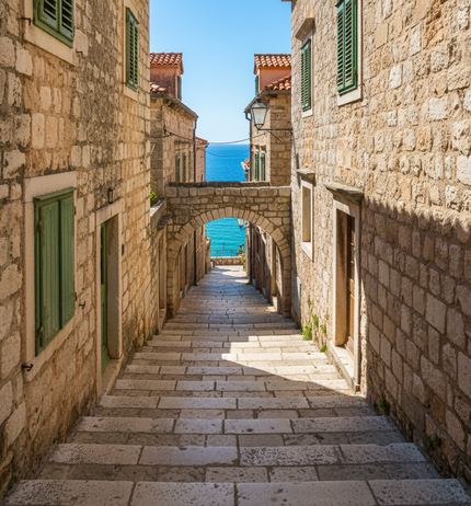 Narrow stepped stone lane between shuttered houses, a low arch spanning it and bright blue sea filling the gap beyond