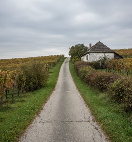 A cracked single lane road climbing straight up a low vineyard hill under grey cloud, with a white farm building and dark tiled roof at the right