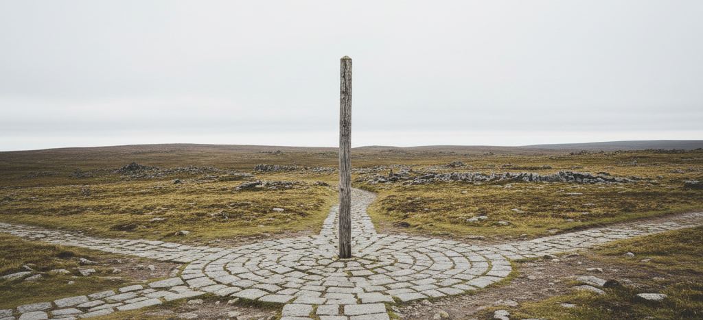 A weathered squared timber post at the centre of granite paving laid in fanned arcs where open moorland tracks meet
