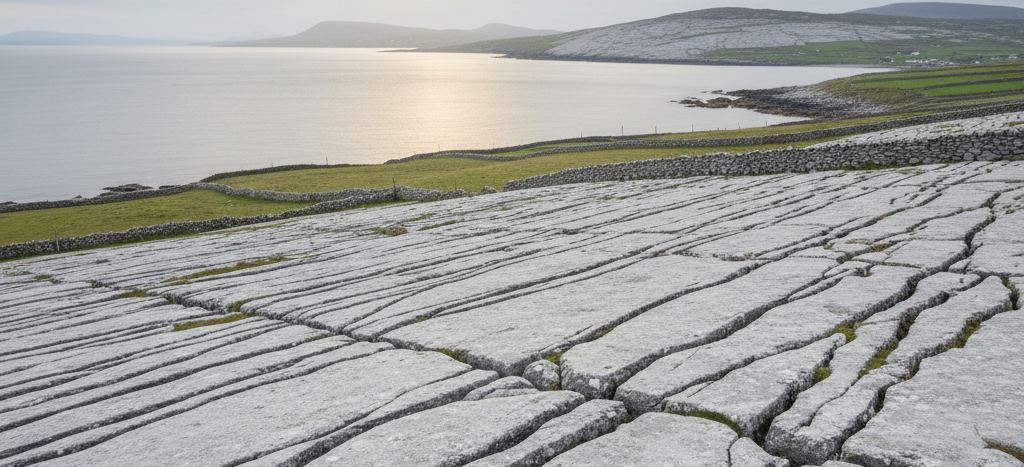 Cracked limestone pavement sloping toward green fields walled in dry stone, above a bay lit by pale sun glare