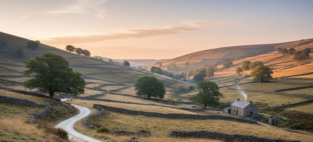 Dry stone walls dividing golden upland pasture at sunrise, a pale track curving past broad trees to a lone stone farmhouse with smoke rising