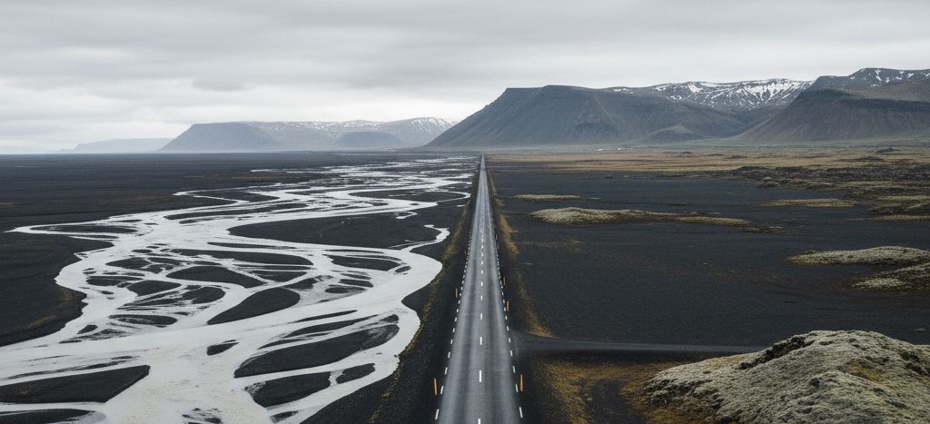 Straight two lane road running to the horizon across a black sand plain, pale braided river channels left, snow streaked flat topped mountains ahead