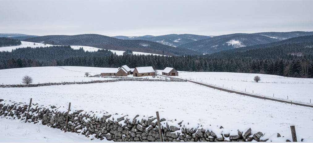Deep snow on an open plateau, a drystone wall with wooden posts in front, three stone farm buildings and dark needled woods on the hills behind