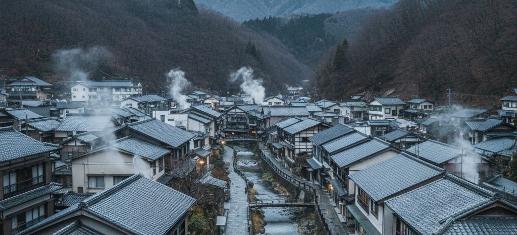 Steam rising between snow dusted tiled roofs of a hot spring town along a narrow stone walled river in a wooded valley at dusk