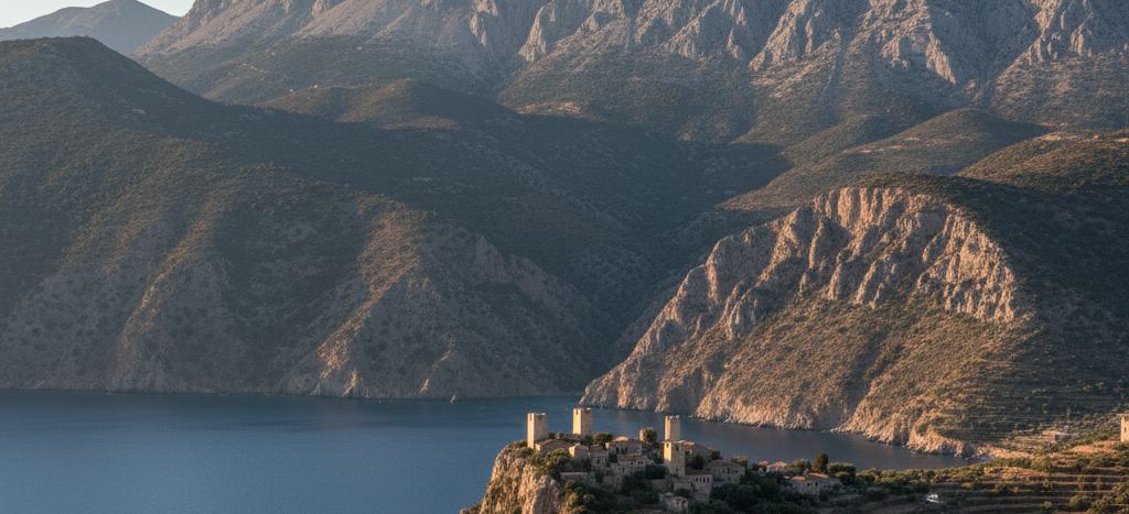 Stone tower houses on a headland above deep blue water, bare limestone ridges rising in layers behind in low sun