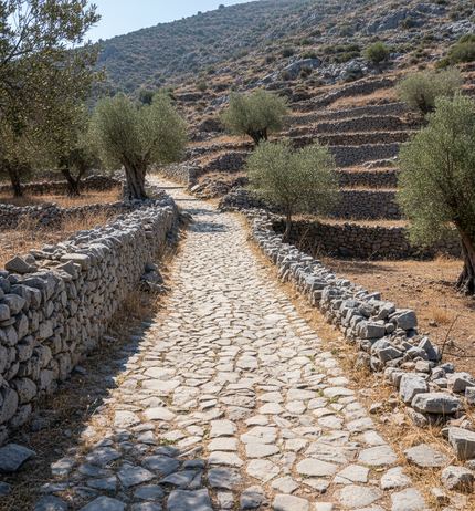 A cobbled mule path climbing a dry hillside between low drystone walls, past olive trees and terraced slopes