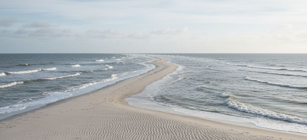 A pale sand spit tapering to a point in the distance, sea on both sides, low waves breaking along each edge under a soft overcast sky