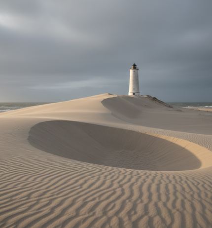 Rippled pale sand dune with a wide scooped hollow, a plain white lighthouse tower on the crest and grey sea beyond