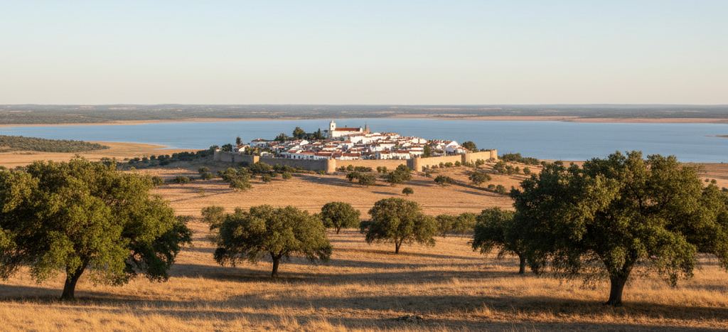 A whitewashed hilltop town inside stone ramparts above a wide reservoir, with scattered round trees on a dry golden plain