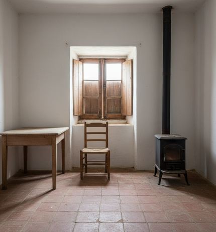 A bare whitewashed room: deep shuttered window, plain wood table, rush seat chair and a black iron stove on terracotta tiles