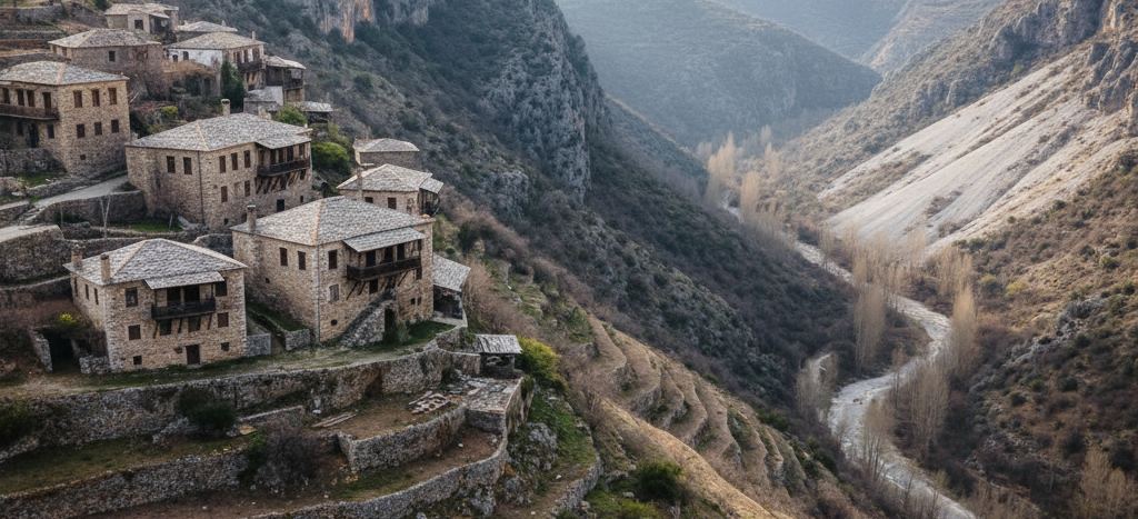 Stone houses with grey tiled roofs and wooden balconies stepping down a terraced ridge above a deep gorge with a dry streambed