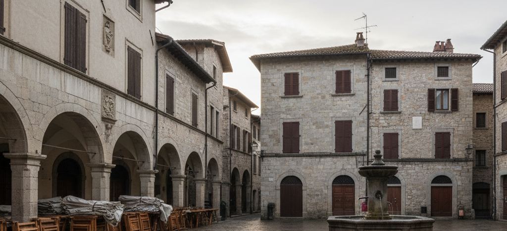 Empty arcaded stone square, wet cobbles, an octagonal fountain running, stacked wooden chairs and folded canvas under the arches