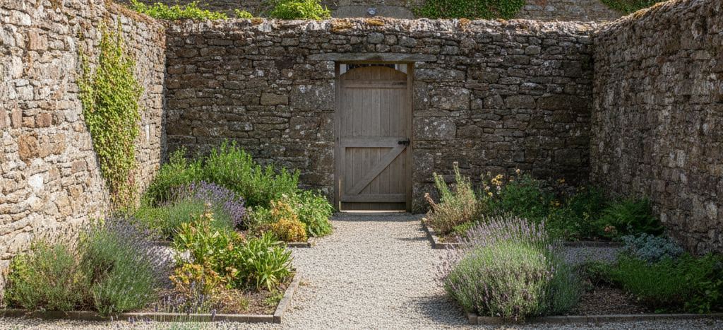 A gravel path between lavender beds leading to a closed plank door set in a high dry stone wall