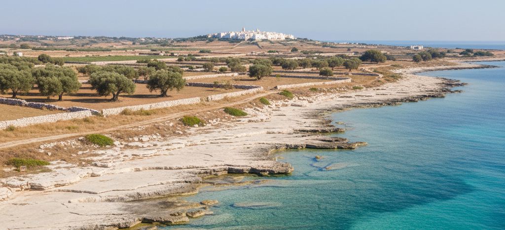 Flat pale limestone shore meeting turquoise shallows, with dry-stone walled olive fields behind and a white hilltop town on the horizon