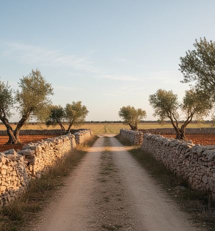 A dirt farm track running away between low dry stone walls, olive trees and ploughed red brown fields beyond, warm low sunlight