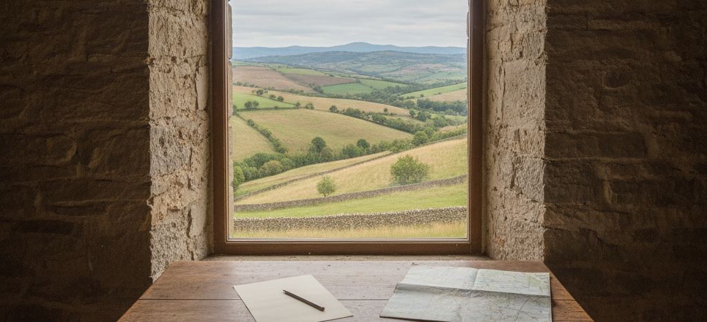 Blank sheet, pencil and an unfolded map on a stone window ledge, green hilled farmland beyond the glass
