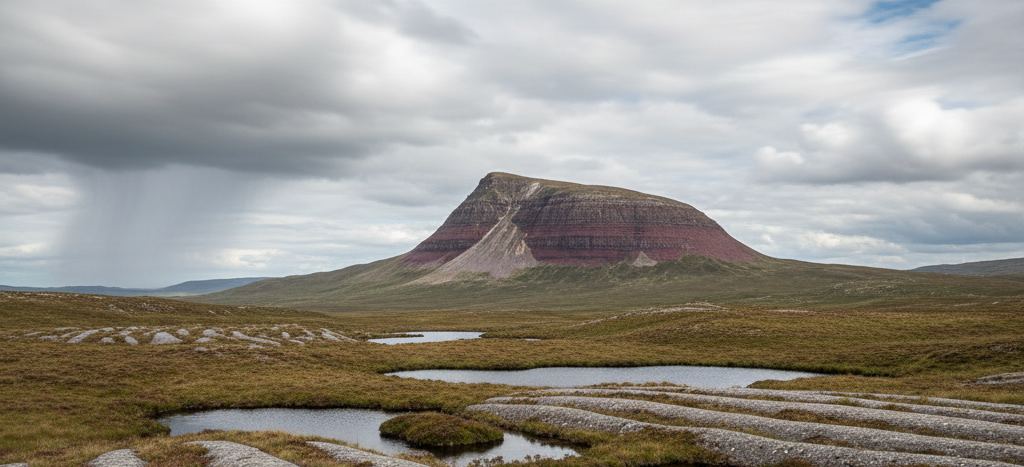 A flat topped layered hill of red and pale rock rising over open moorland scattered with dark peat pools, rain falling from grey cloud at the left