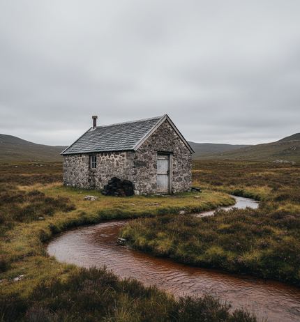 Small stone hut with a slate roof and chimney alone on brown moor, pale plank door, dark peat stack at the wall, a rust brown burn curving past