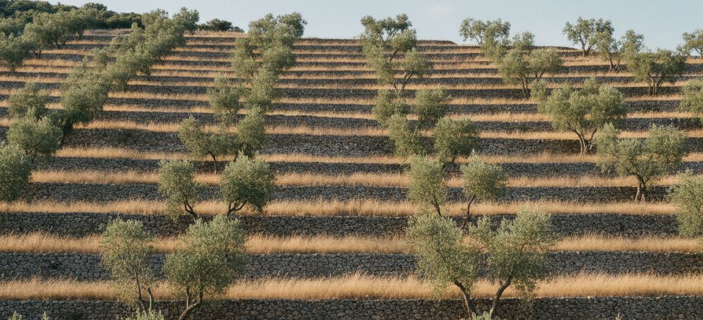 Terraced hillside of dry stone walls, bands of pale golden grass and scattered small silver leaved trees under a hazy sky
