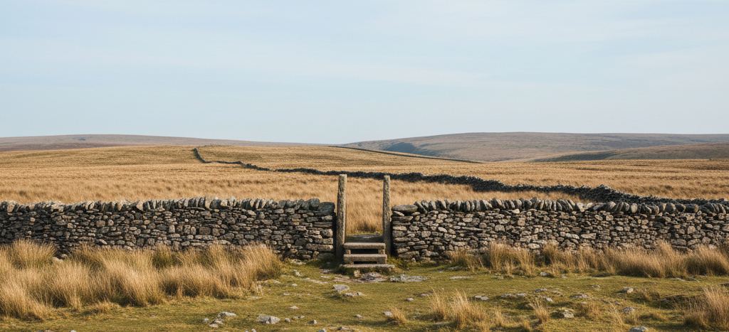 A wooden stile stepping over a dry stone wall on open moorland, pale gold grass running to low hills