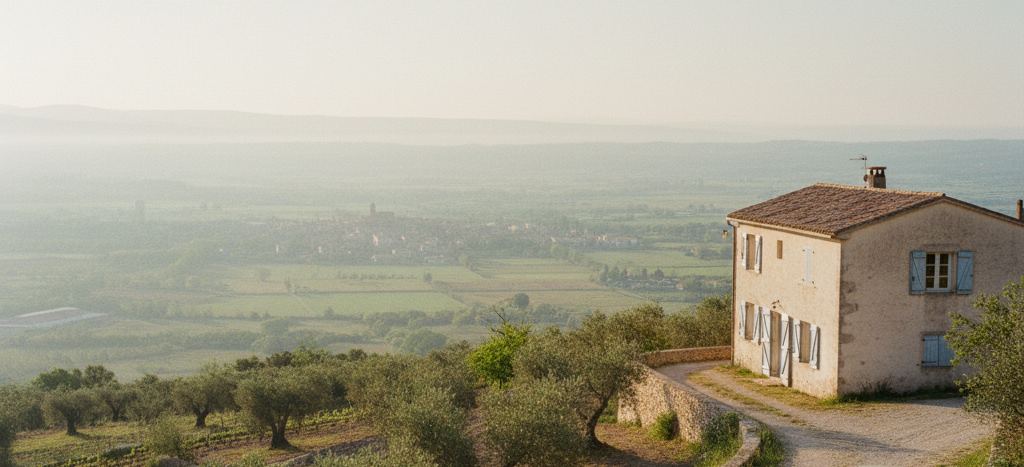 Pale stone farmhouse with blue shutters at the end of a gravel track, an olive slope falling to a hazy valley of green fields