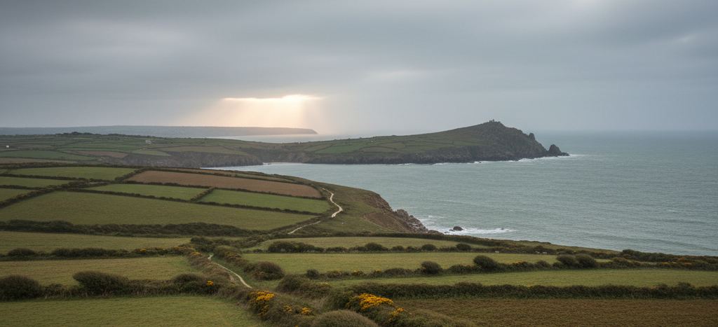 Small hedged fields and gorse banks above a grey sea, a pale footpath winding out toward a dark cliff headland under low cloud