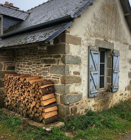 Split firewood stacked against the grey stone corner of a rendered farmhouse, blue shutters open beside a small window