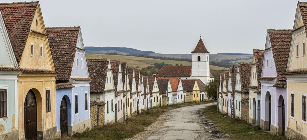 Two rows of tall gabled house fronts with arched wooden gates line a rutted track, a white church tower with tiled spire beyond, low hills behind