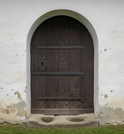 Dark weathered plank door in a whitewashed arched recess, iron straps studded with bolts, ornate keyhole plate, worn stone step