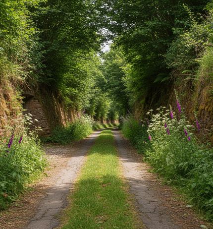 A narrow sunken lane, grass strip down its middle, running between dry stone banks of ferns and foxgloves under overhanging trees